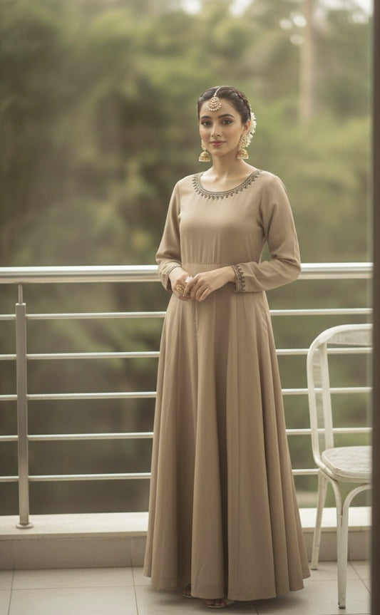 Warm mocha viscose frock with dark brown embroidered pashmina shawl - front view