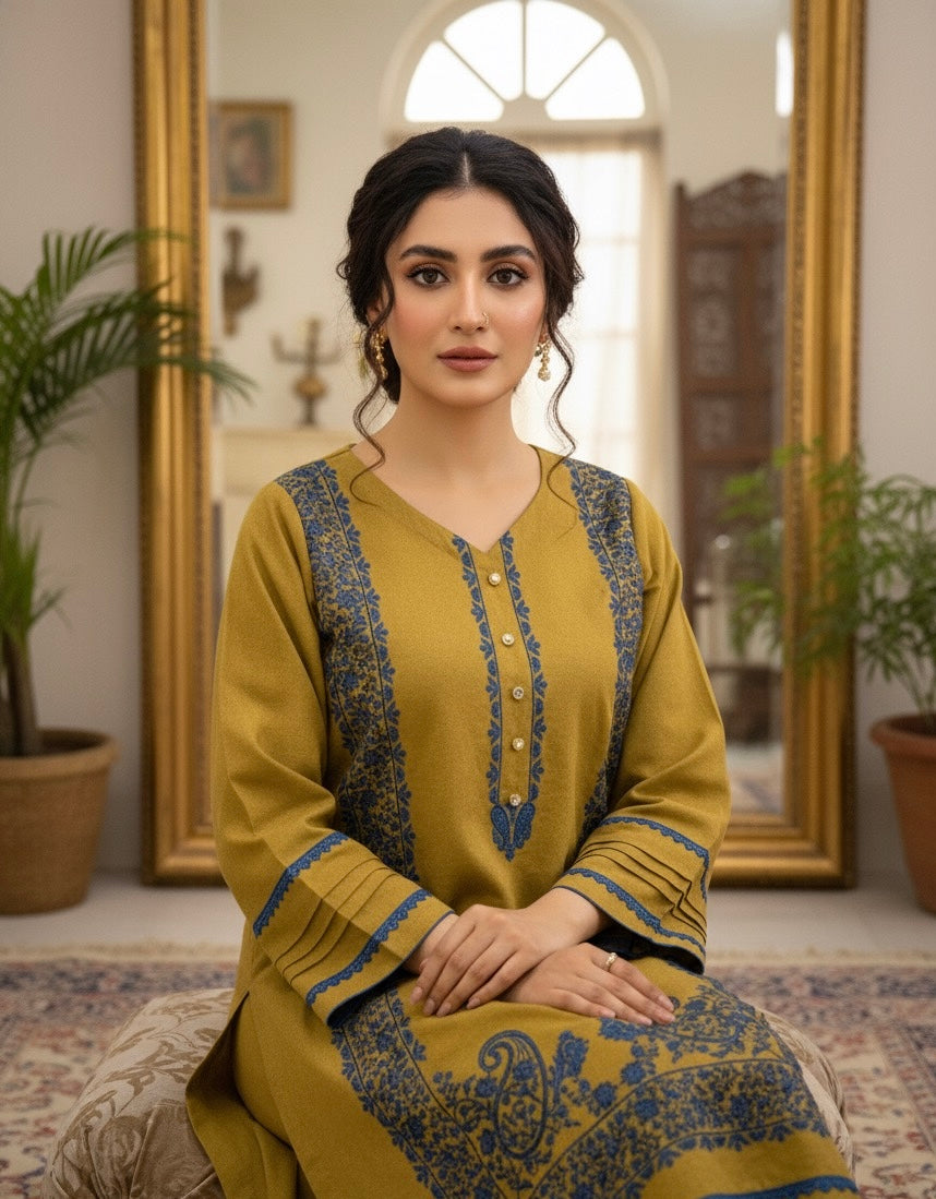 Mustard ice wool blend outfit with ice blue embroidery - front view