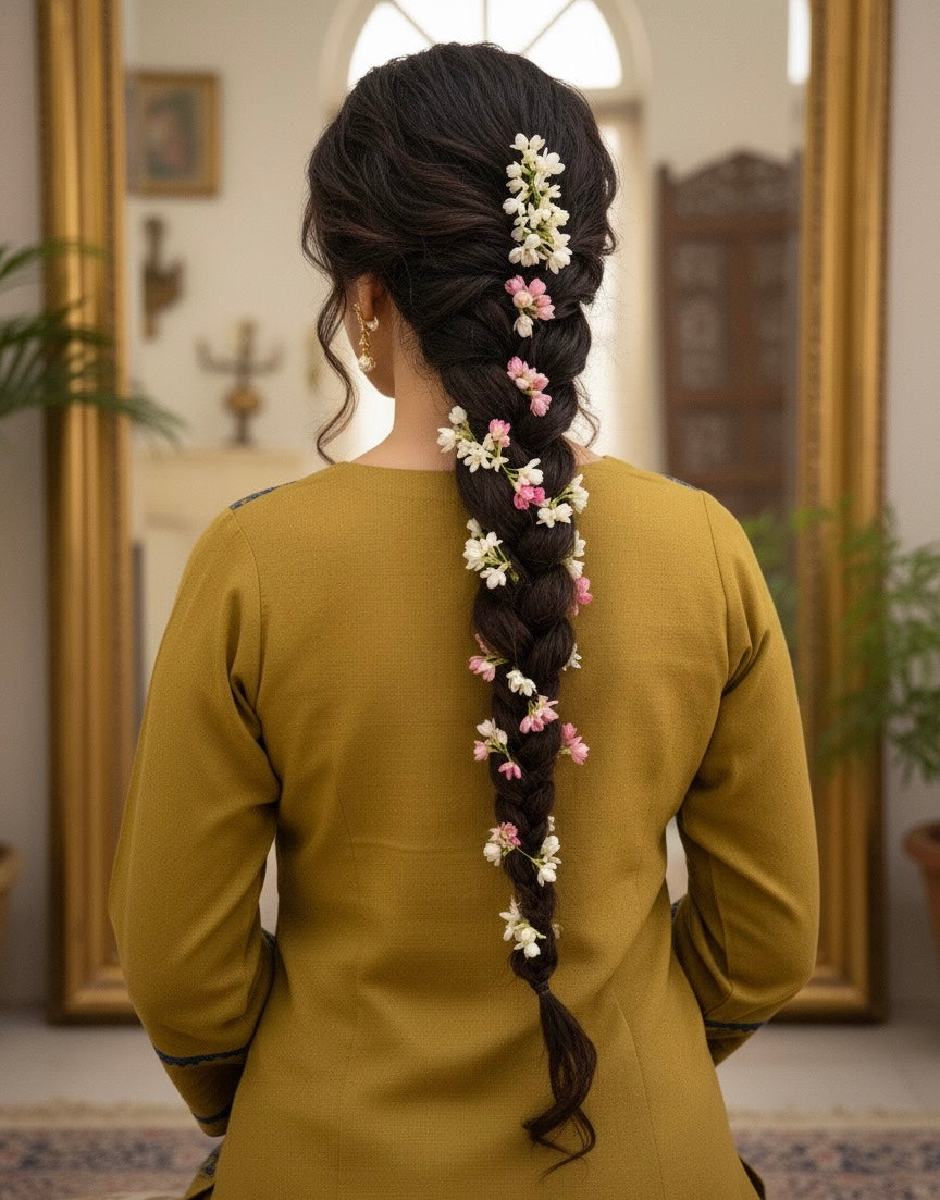 Mustard ice wool blend outfit with ice blue embroidery - front view