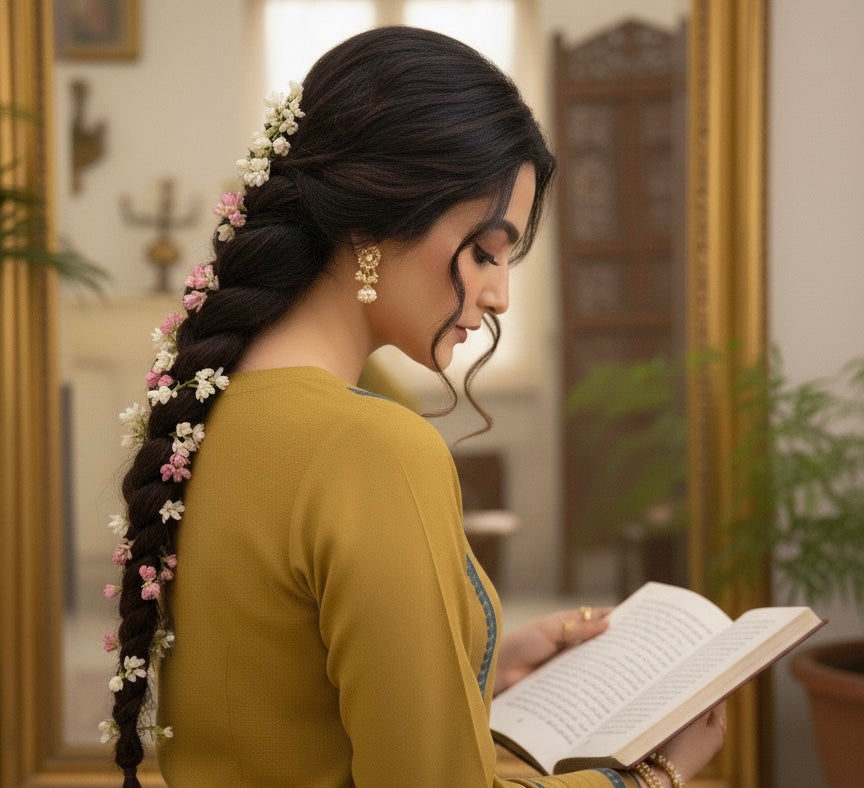 Mustard ice wool blend outfit with ice blue embroidery - front view