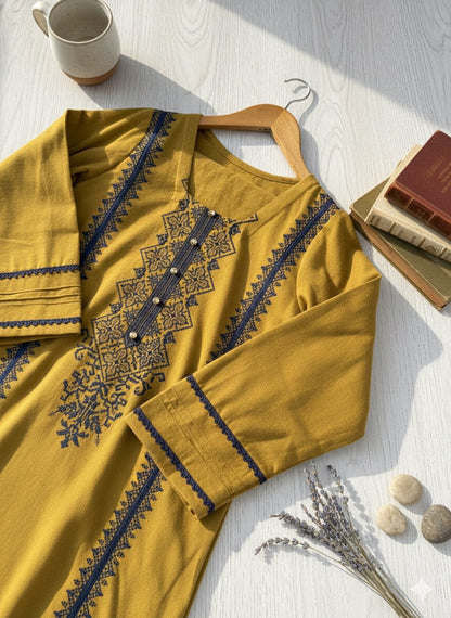 Honey saffron wool blend with navy embroidery - front view