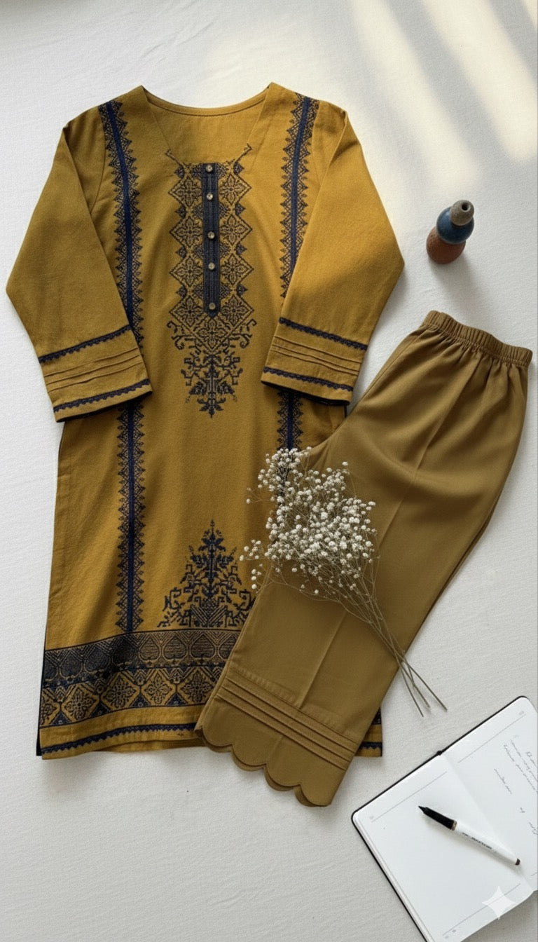 Honey saffron wool blend with navy embroidery - front view