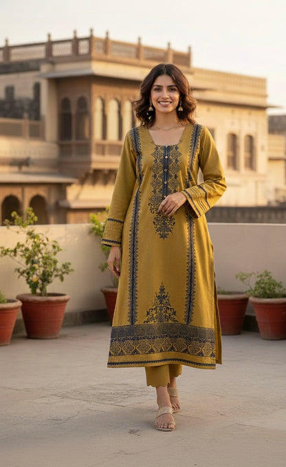 Honey saffron wool blend with navy embroidery - front view