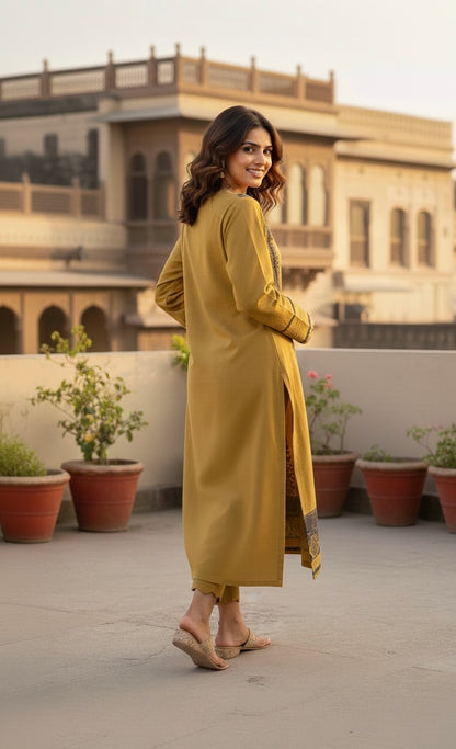 Honey saffron wool blend with navy embroidery - front view