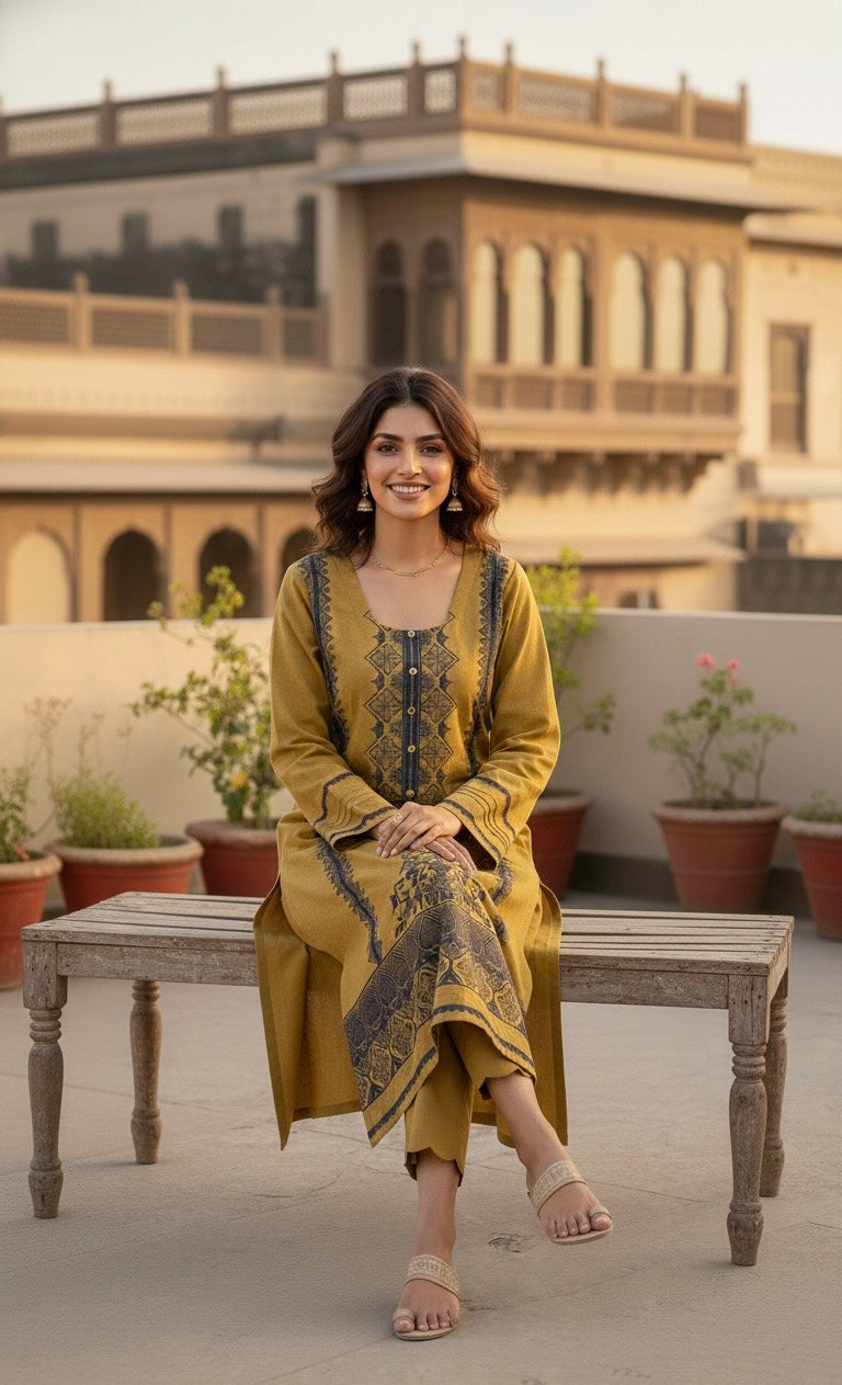 Honey saffron wool blend with navy embroidery - front view