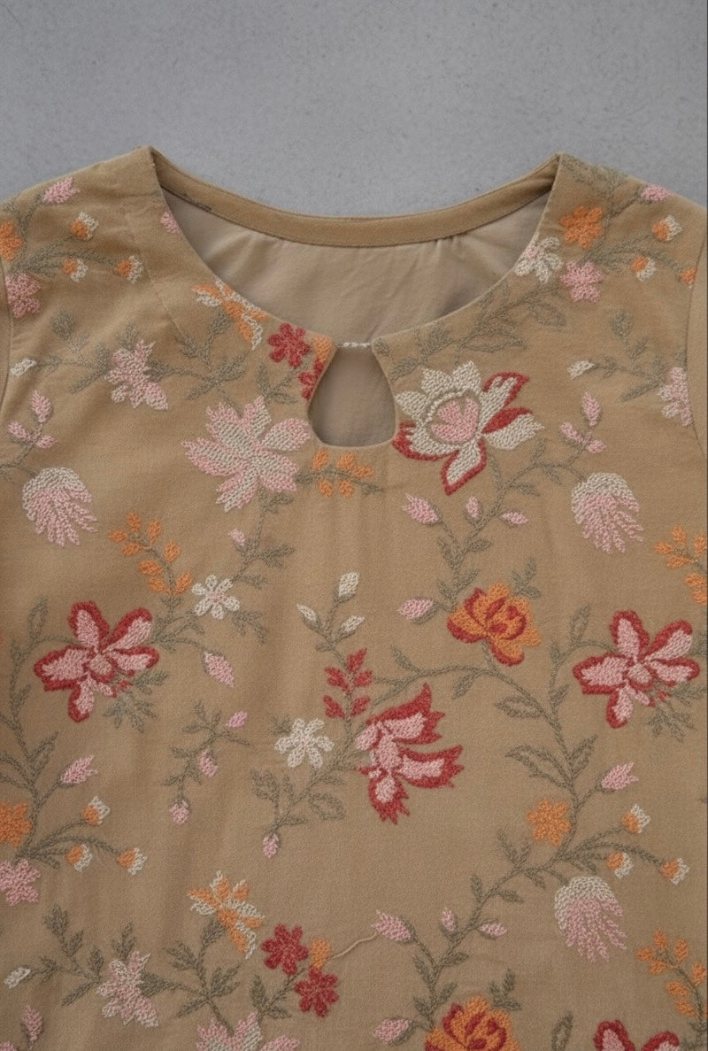 Almond creme velvet corduroy short shirt with farshi shalwar - front view"