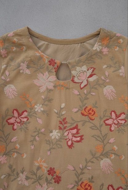 Almond creme velvet corduroy short shirt with farshi shalwar - front view"