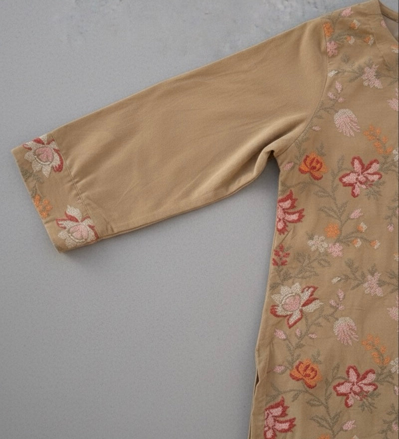 Almond creme velvet corduroy short shirt with farshi shalwar - front view"