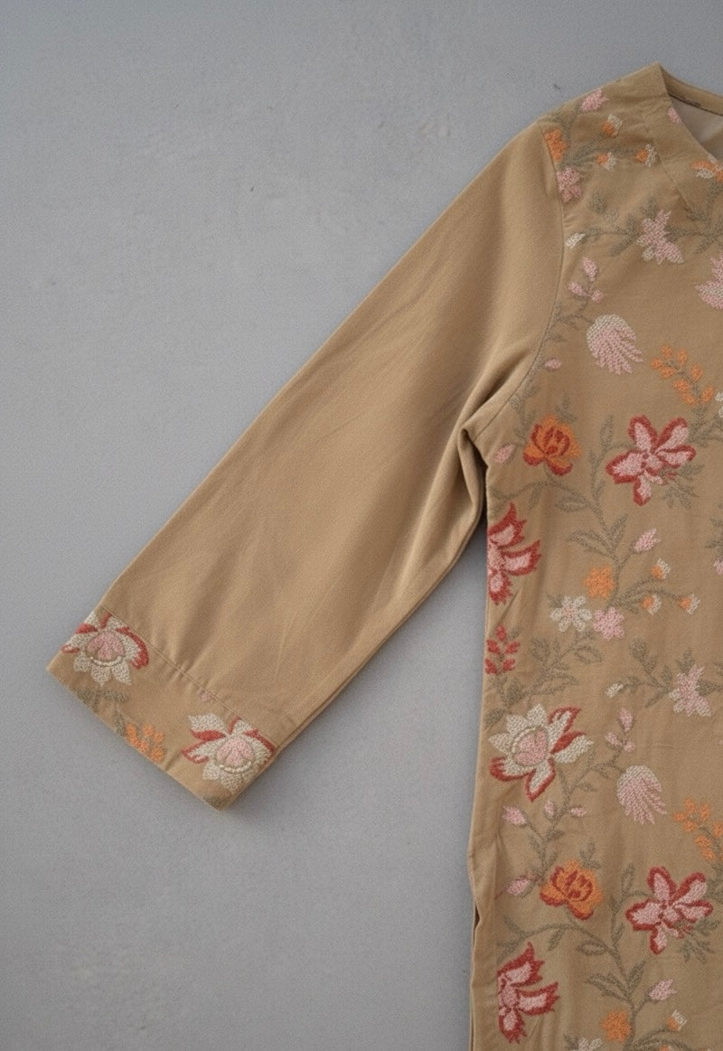 Almond creme velvet corduroy short shirt with farshi shalwar - front view"