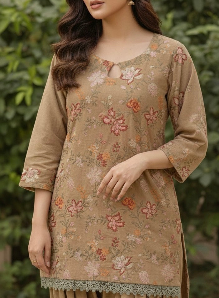 Almond creme velvet corduroy short shirt with farshi shalwar - front view