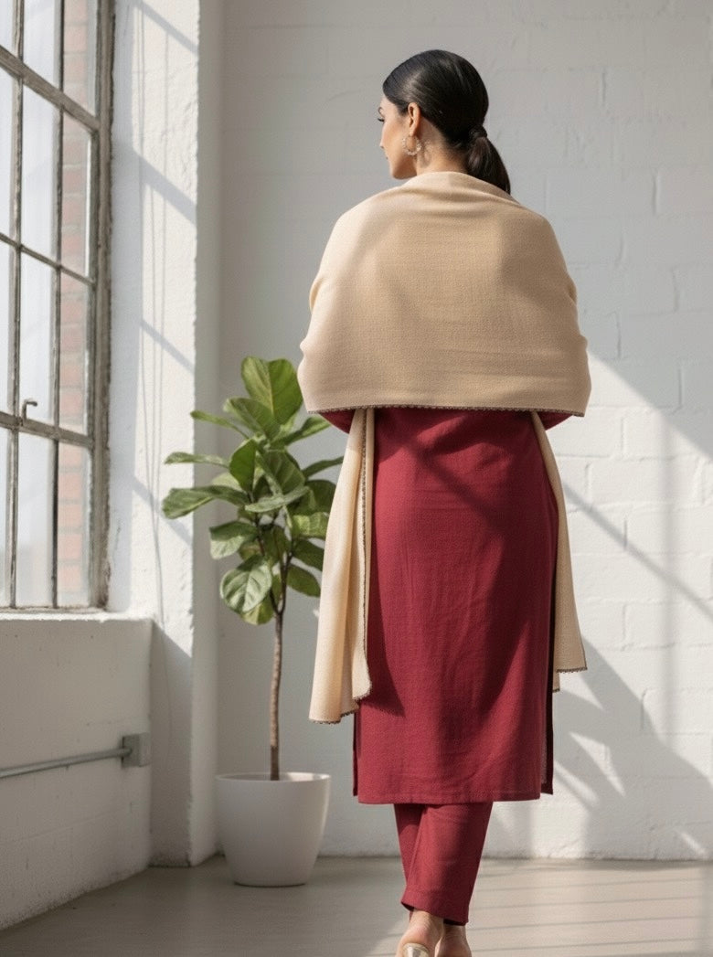 Mulled berry maroon karandi set with beige pashmina shawl - front view