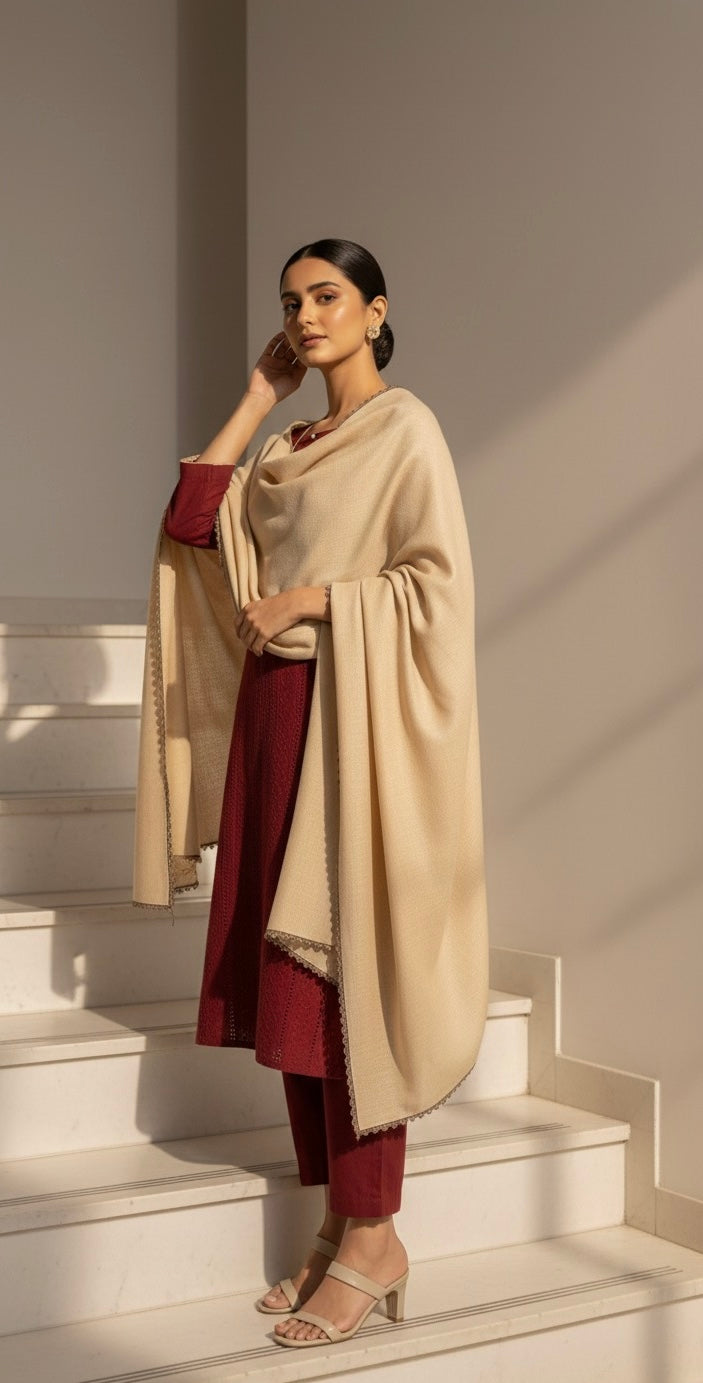 Mulled berry maroon karandi set with beige pashmina shawl - front view