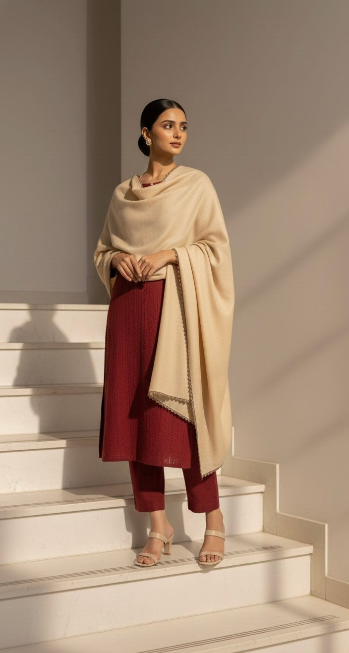 Mulled berry maroon karandi set with beige pashmina shawl - front view