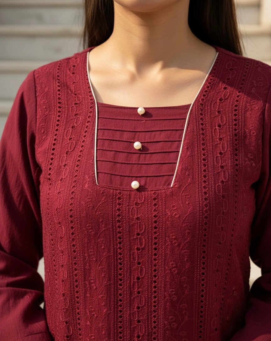 Mulled berry maroon karandi set with beige pashmina shawl - front view