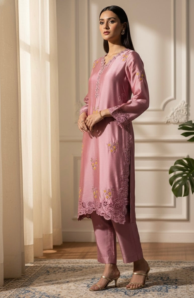 Silk creme soft pink silk set with sequins embroidery - front view