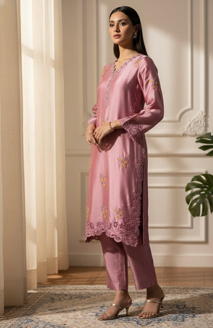 Silk creme soft pink silk set with sequins embroidery - front view