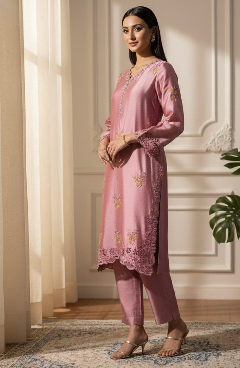 Silk creme soft pink silk set with sequins embroidery - front view