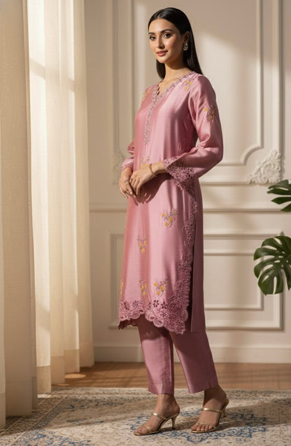 Silk creme soft pink silk set with sequins embroidery - front view