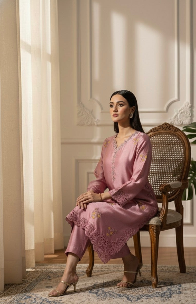 Silk creme soft pink silk set with sequins embroidery - front view