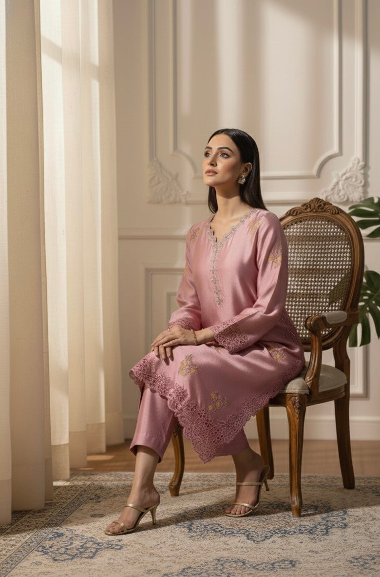 Silk creme soft pink silk set with sequins embroidery - front view