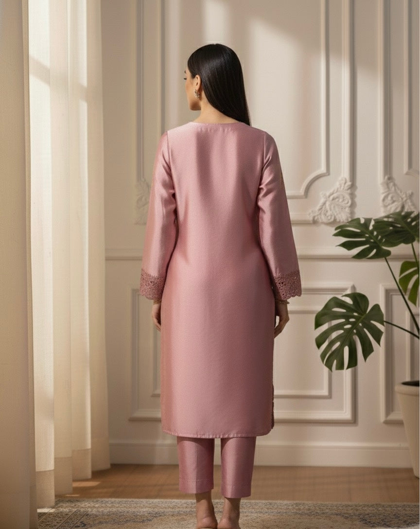 Silk creme soft pink silk set with sequins embroidery - front view