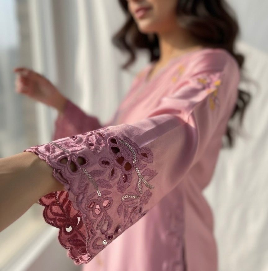 Silk creme soft pink silk set with sequins embroidery - front view