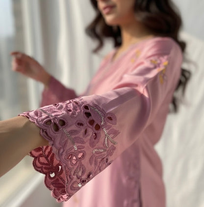 Silk creme soft pink silk set with sequins embroidery - front view