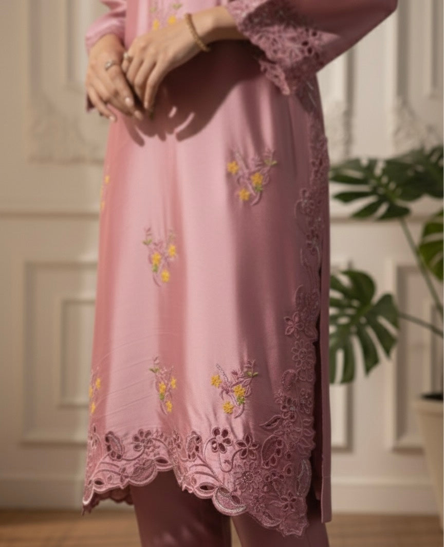 Silk creme soft pink silk set with sequins embroidery - front view