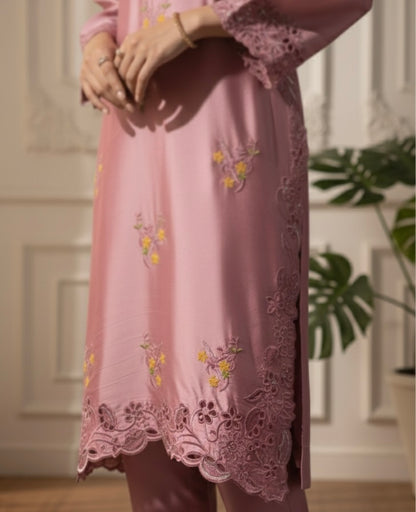 Silk creme soft pink silk set with sequins embroidery - front view