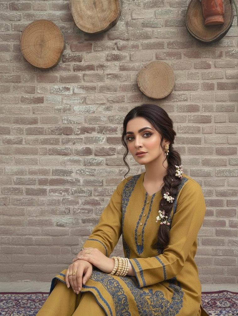 Mustard ice wool blend outfit with ice blue embroidery - front view