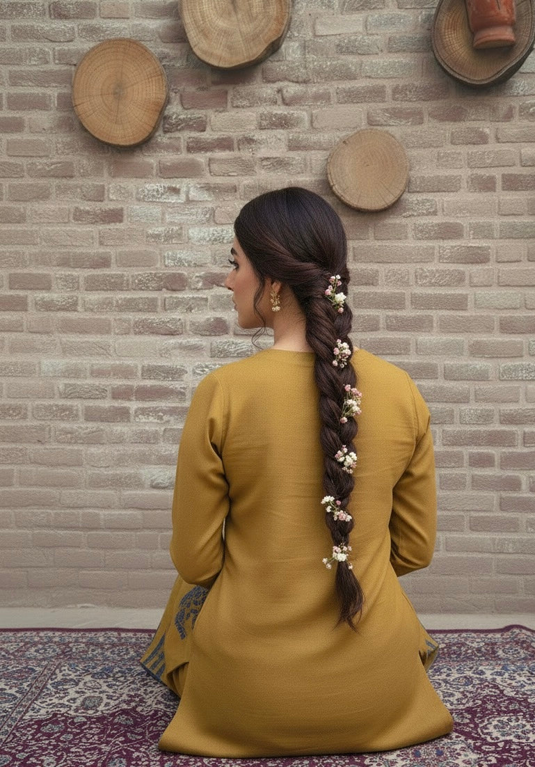 Mustard ice wool blend outfit with ice blue embroidery - front view