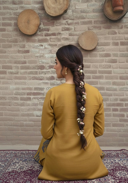 Mustard ice wool blend outfit with ice blue embroidery - front view