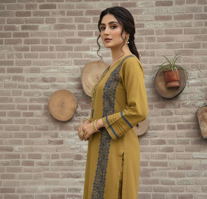 Mustard ice wool blend outfit with ice blue embroidery - front view