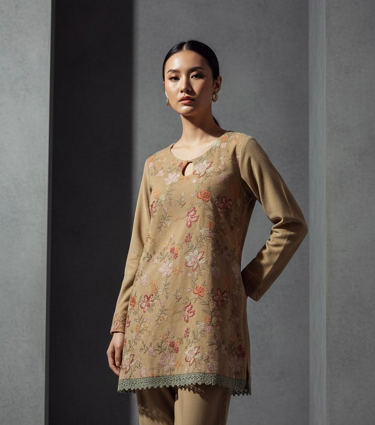 Almond creme velvet corduroy short shirt with farshi shalwar - front view"