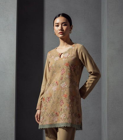 Almond creme velvet corduroy short shirt with farshi shalwar - front view"