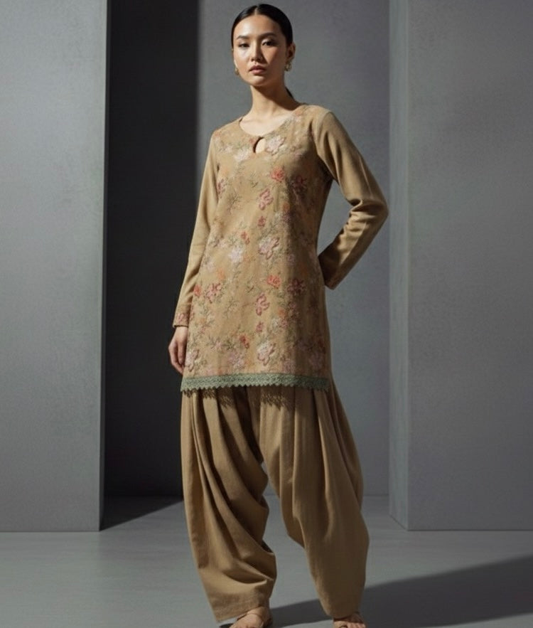 Almond creme velvet corduroy short shirt with farshi shalwar - front view"