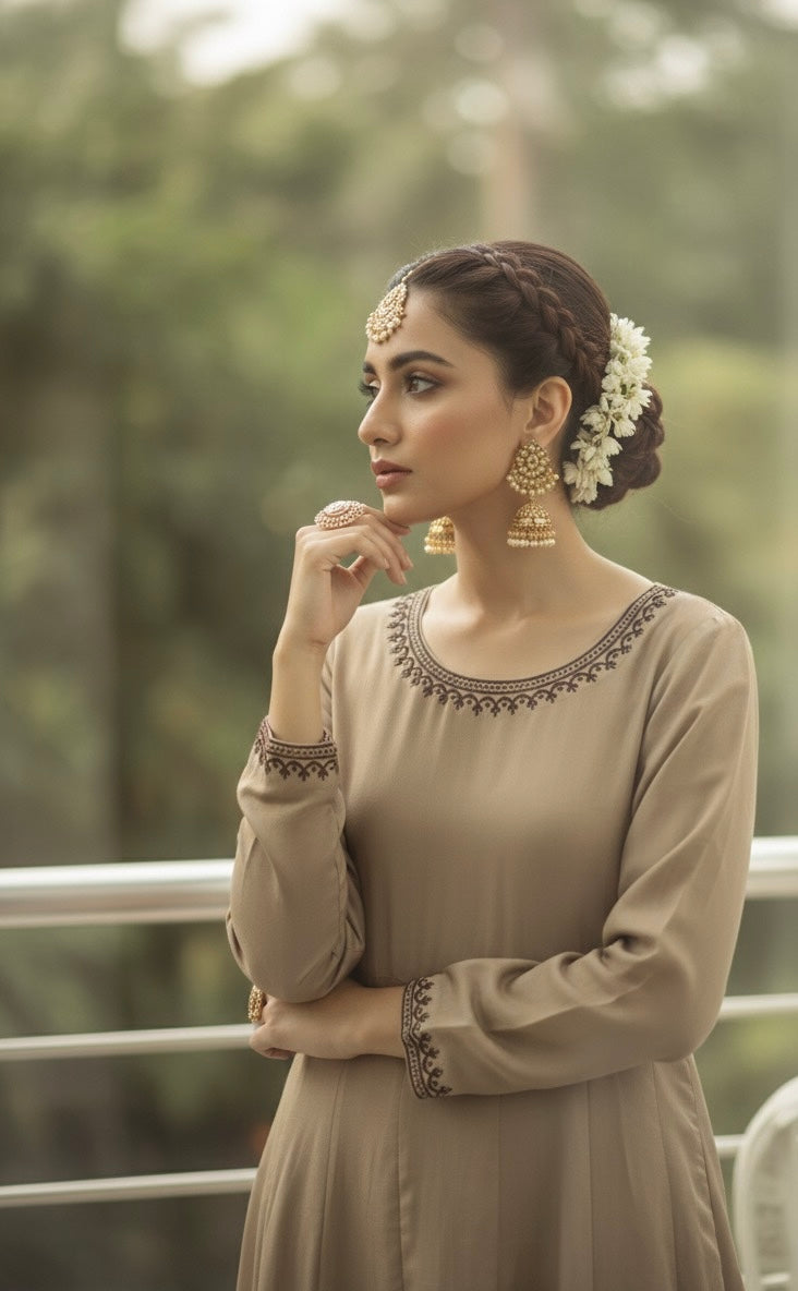 Warm mocha viscose frock with dark brown embroidered pashmina shawl - front view