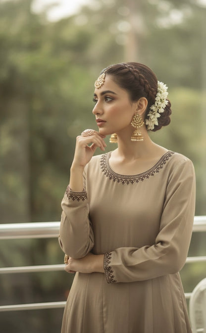 Warm mocha viscose frock with dark brown embroidered pashmina shawl - front view