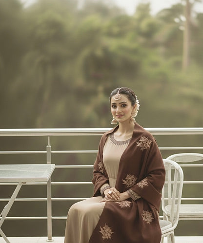 Warm mocha viscose frock with dark brown embroidered pashmina shawl - front view