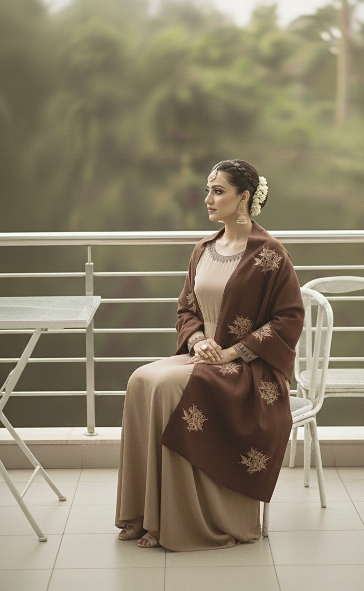 Warm mocha viscose frock with dark brown embroidered pashmina shawl - front view