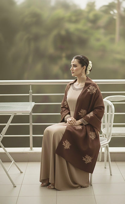 Warm mocha viscose frock with dark brown embroidered pashmina shawl - front view