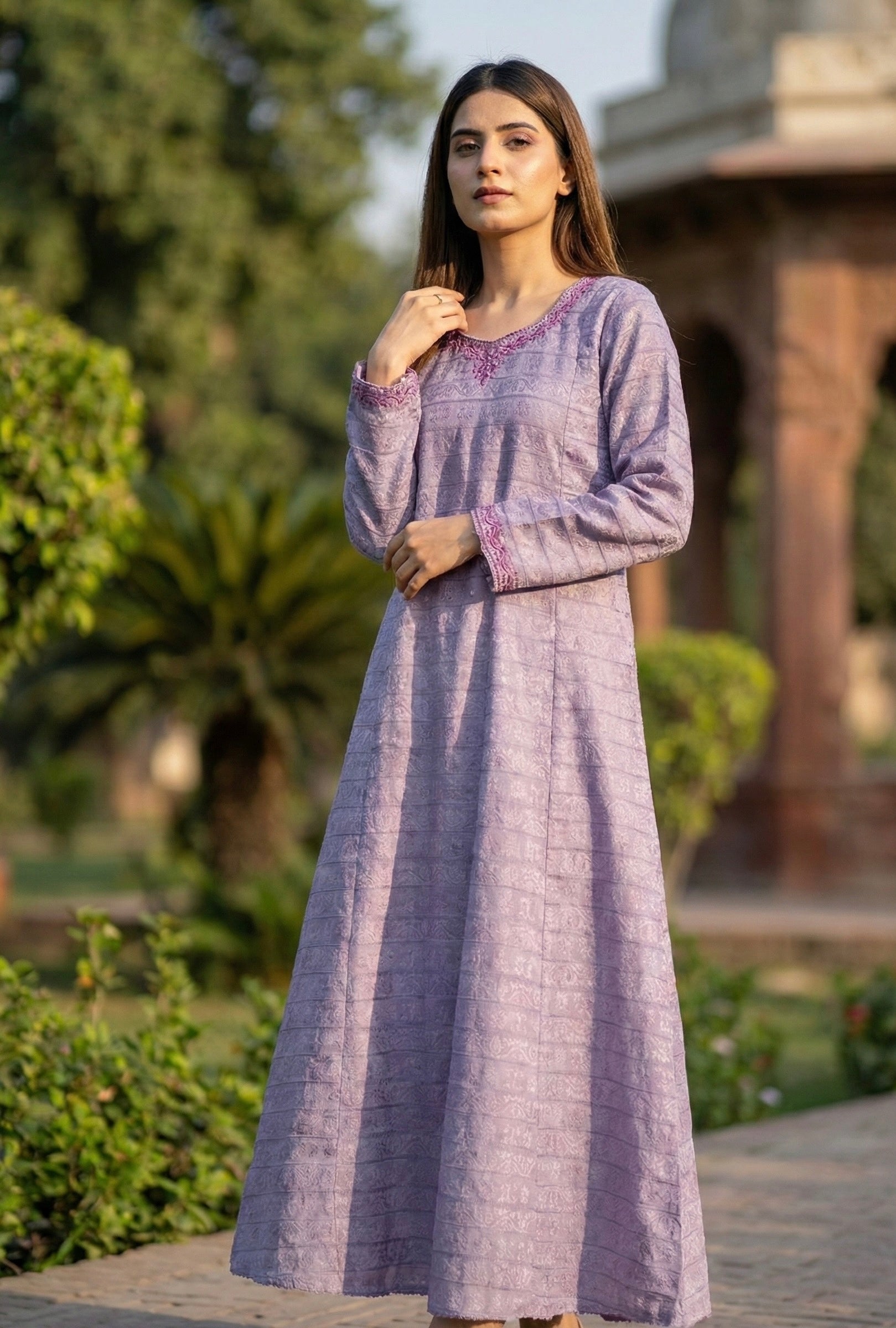 Plum souffle marina frock with dark purple pashmina shawl - front view