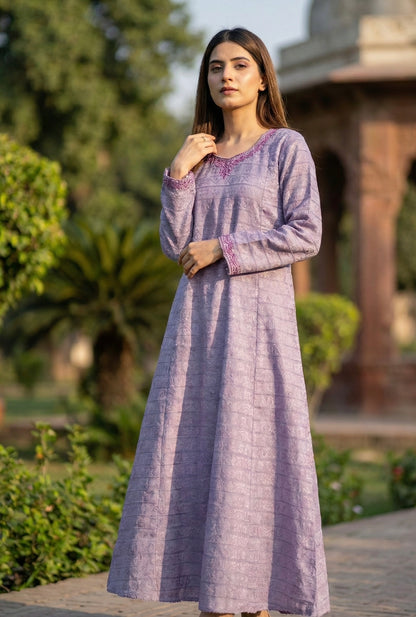 Plum souffle marina frock with dark purple pashmina shawl - front view