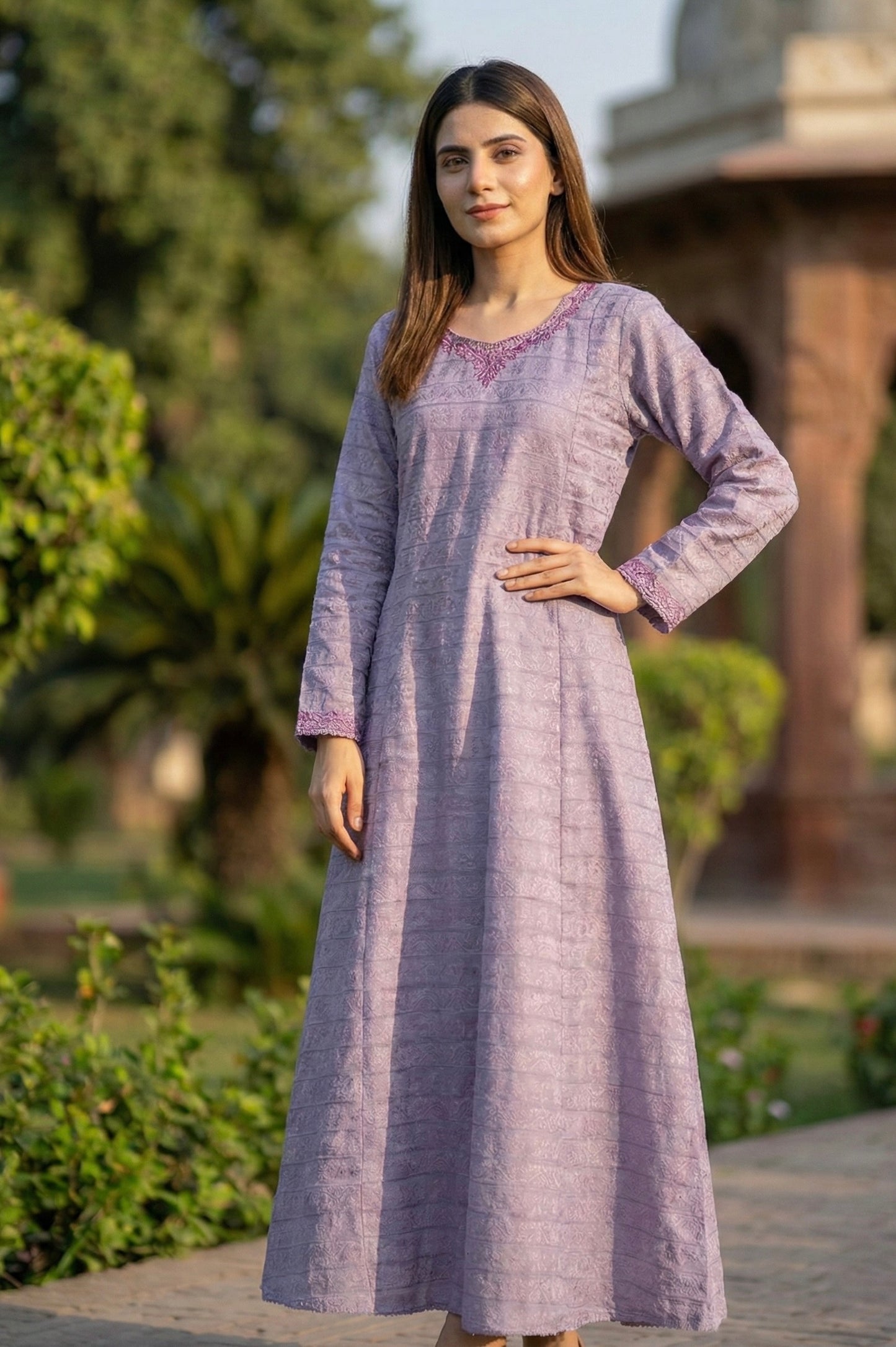 Plum souffle marina frock with dark purple pashmina shawl - front view