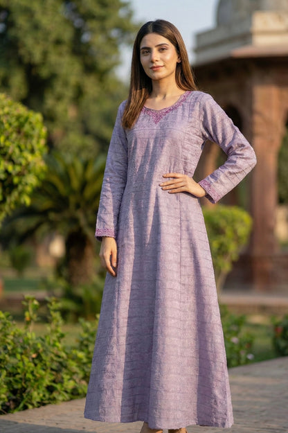 Plum souffle marina frock with dark purple pashmina shawl - front view