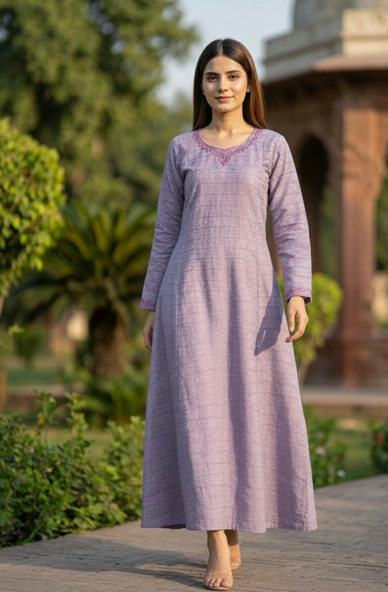 Plum souffle marina frock with dark purple pashmina shawl - front view