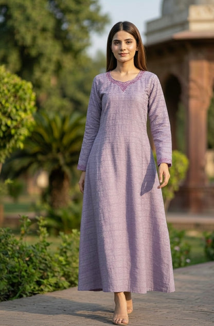 Plum souffle marina frock with dark purple pashmina shawl - front view