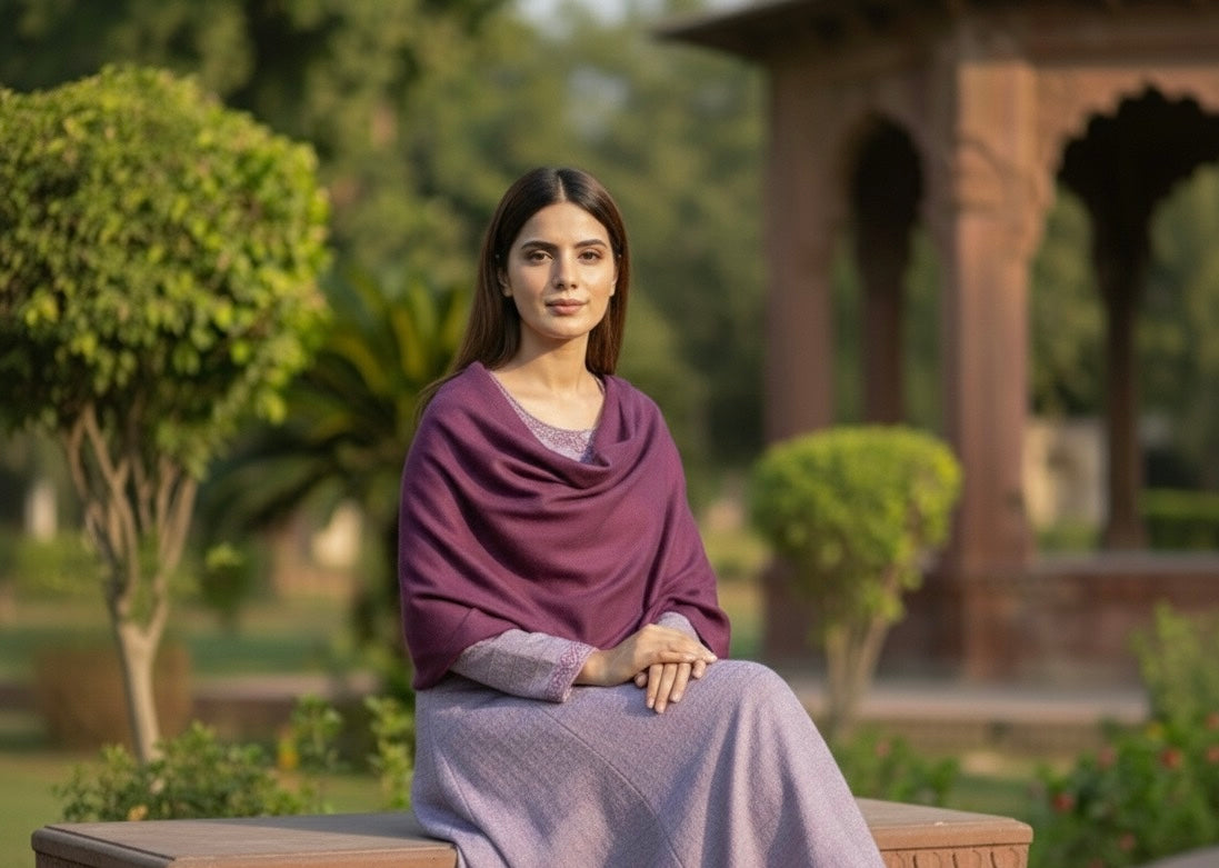 Plum souffle marina frock with dark purple pashmina shawl - front view