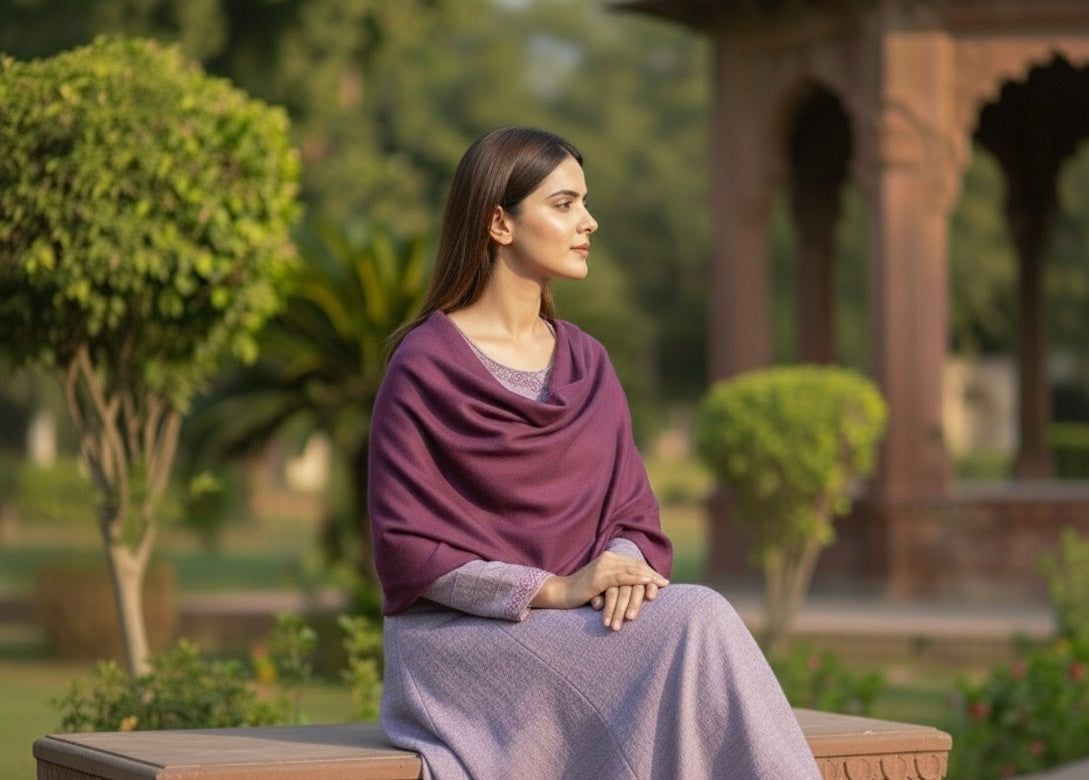 Plum souffle marina frock with dark purple pashmina shawl - front view