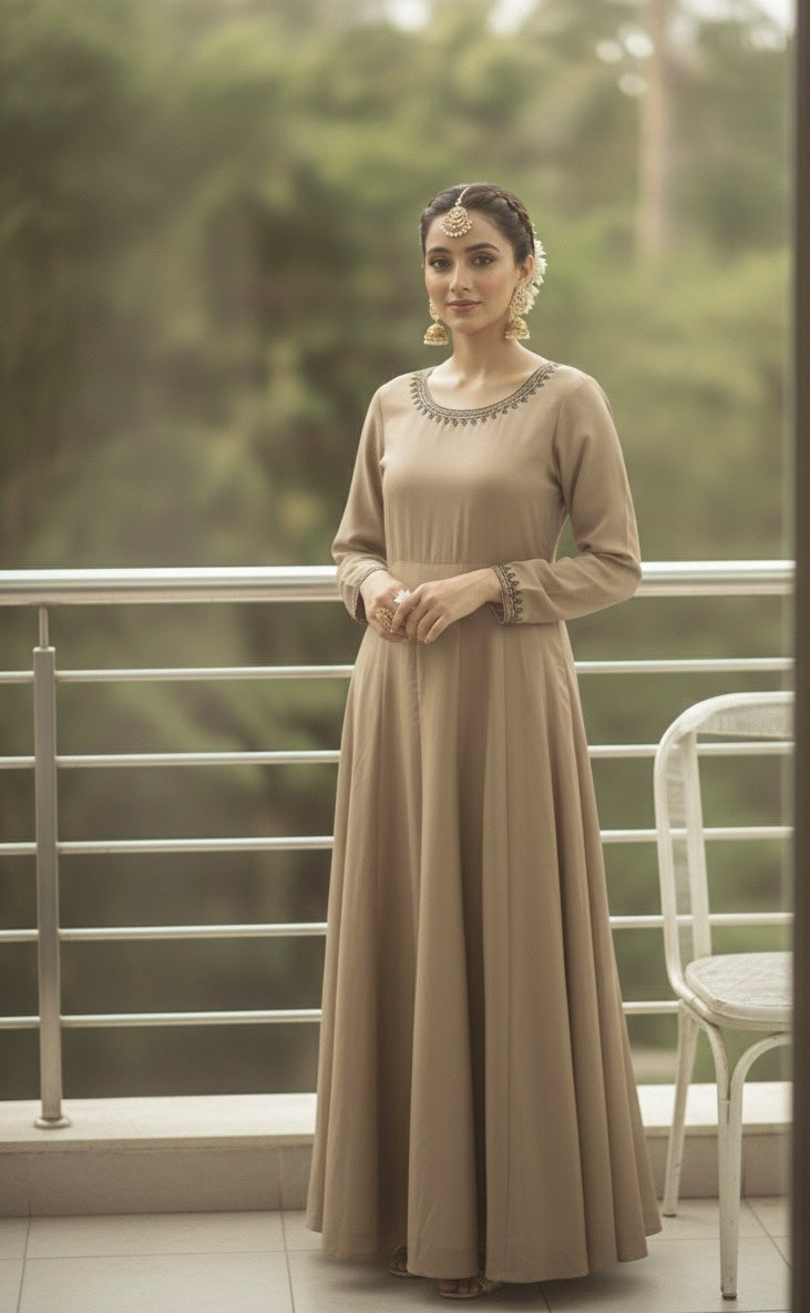 Warm mocha viscose frock with dark brown embroidered pashmina shawl - front view